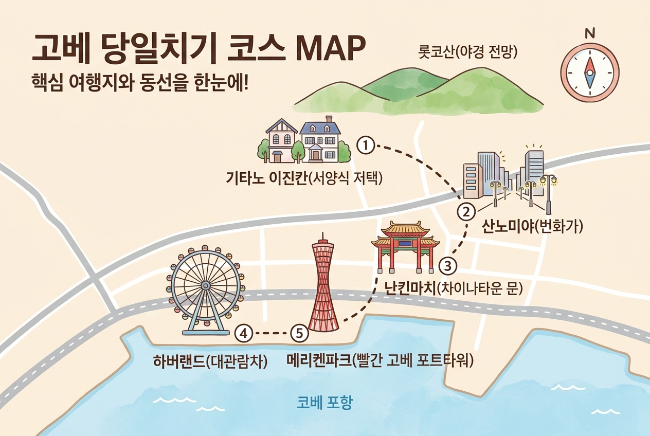 고베 핵심 여행지와 동선을 한눈에 — 기타노 이진칸·산노미야·난킨마치·하버랜드·메리켄파크·롯코산