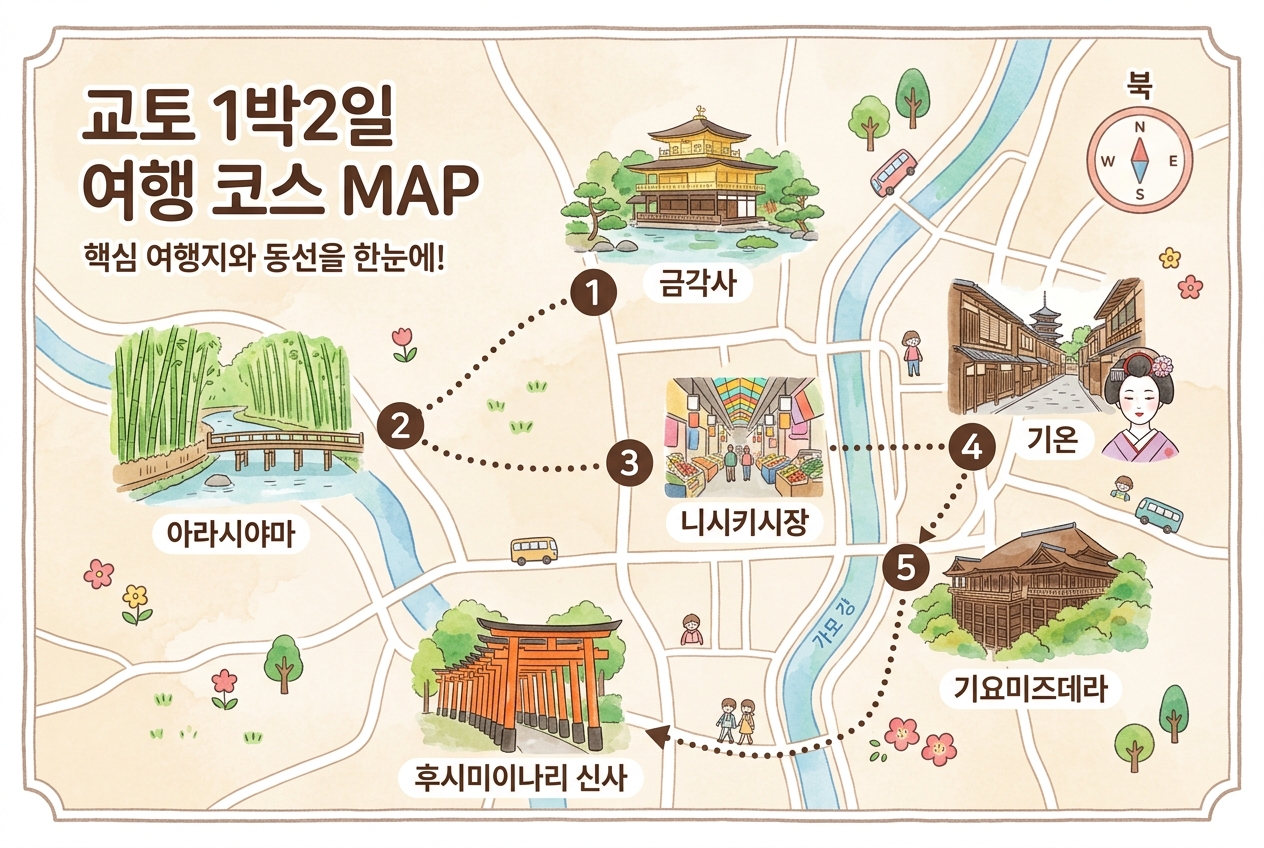 교토 핵심 여행지와 동선을 한눈에 — 후시미이나리·기요미즈데라·기온·금각사·아라시야마