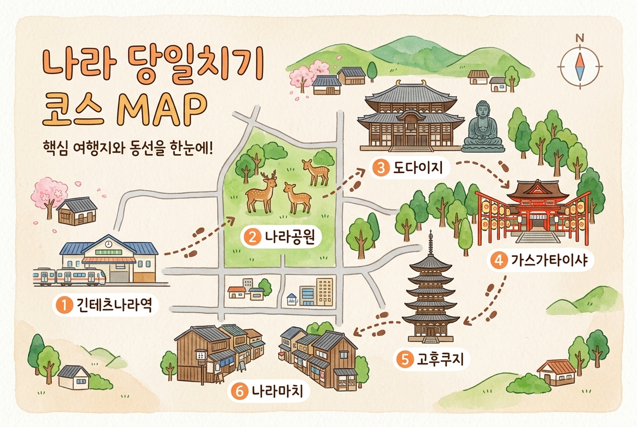 나라 핵심 여행지와 동선을 한눈에 — 긴테츠나라역·나라공원·도다이지·가스가타이샤·고후쿠지·나라마치