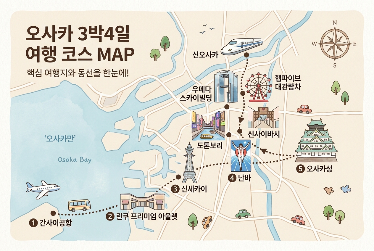 오사카 핵심 여행지와 동선을 한눈에 — 오사카성·우메다·도톤보리·신세카이